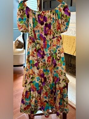 Pre-Loved Floral Off-Shoulder Midi Dress in Cream with Multicolor Blooms